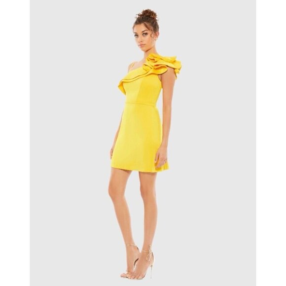 Mac Duggal Size 0 Yellow One Shoulder Ruffle Mini Sheath Cocktail Dress New - Picture 12 of 12